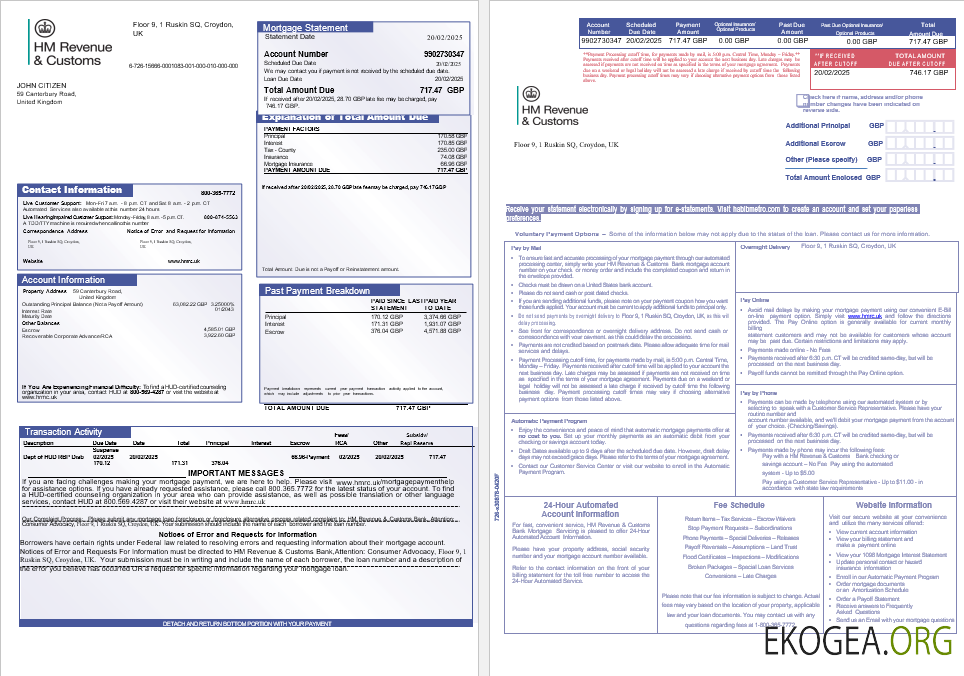 Royaume , Uni Relevé hypothécaire de la banque HM Revenue & Customs aux formats Word et PDF, 3 pages 1 , 2
